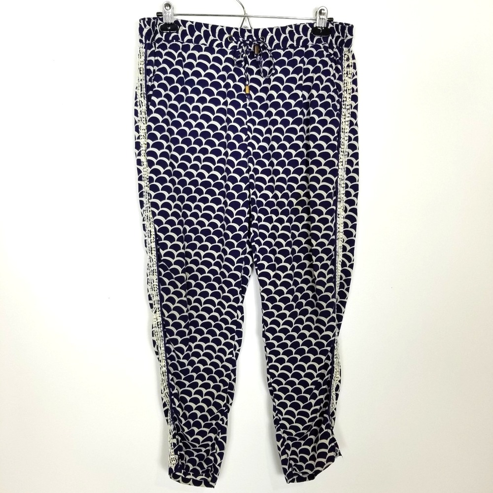 Anthropologie Blue Scalloped Print Sequin Beaded Sides Pull On Pants‎ Sz M Boho
